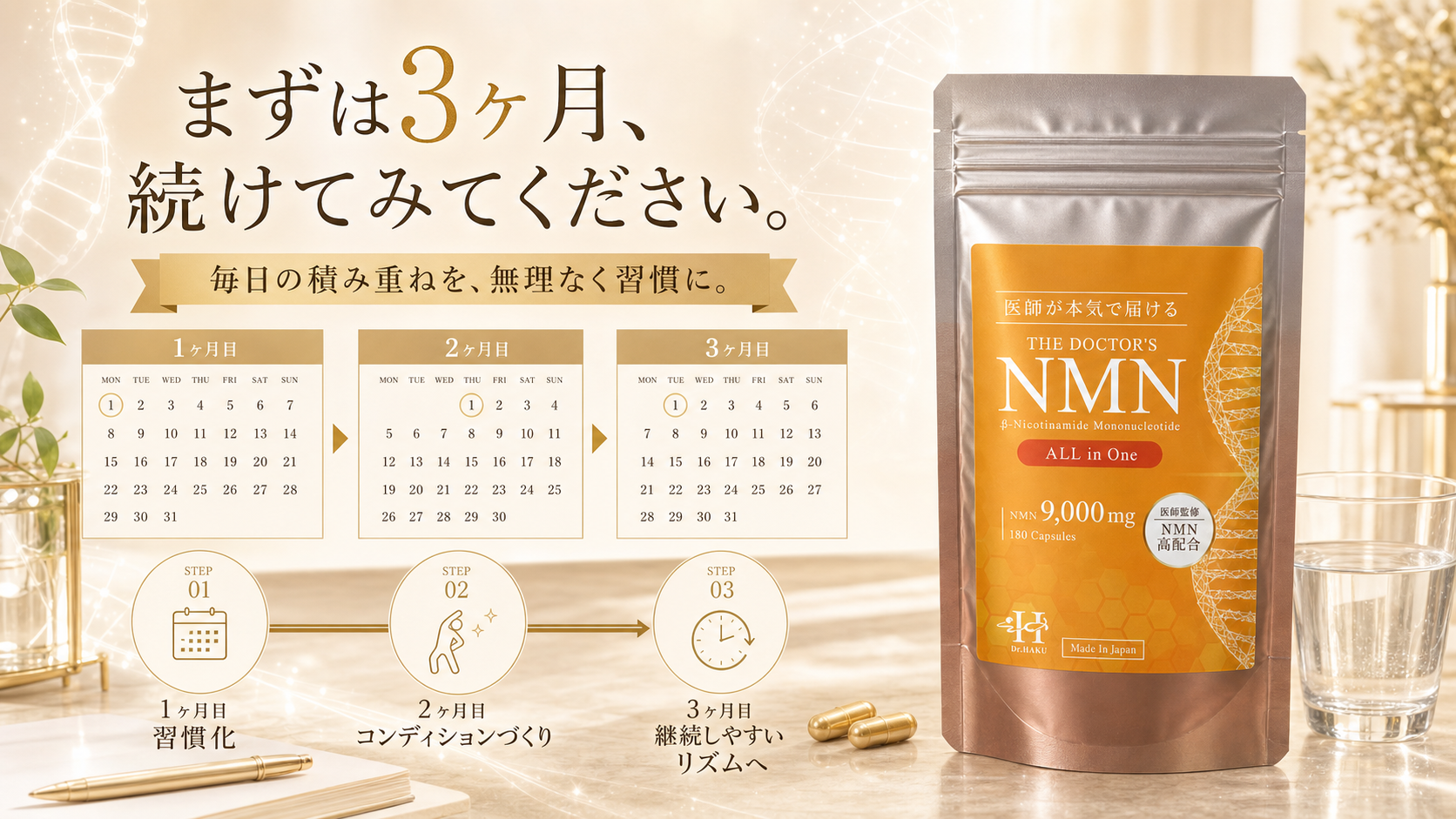 Doctors NMN All in Oneをまずは3ヶ月継続する習慣をカレンダーと商品で表したビジュアル