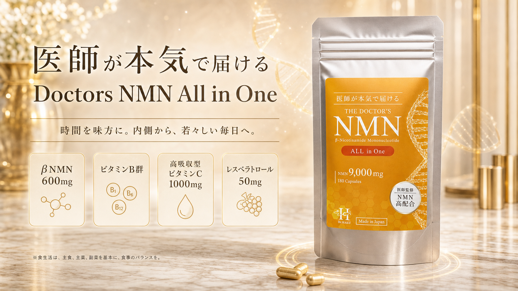 Doctors NMN All in Oneの商品パッケージと主な配合成分をまとめた商品紹介ビジュアル
